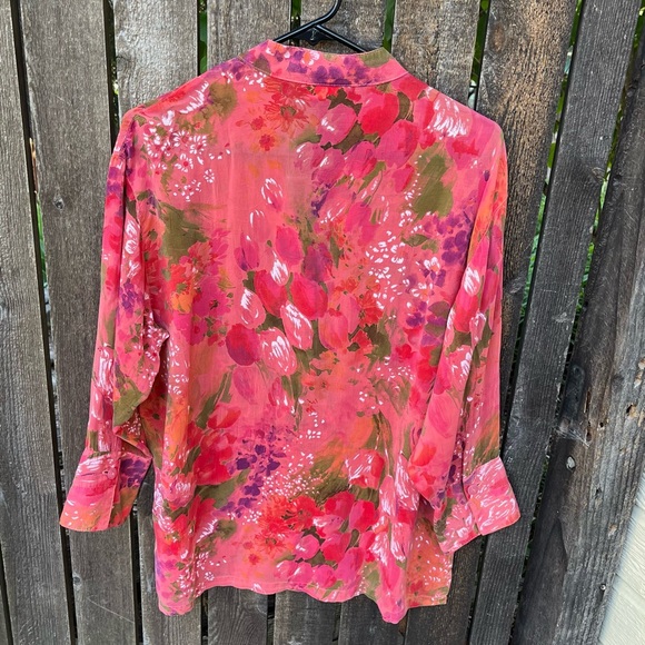 Tianello Taipei 100% Rayon Mandarin Collar Button Down Blouse Pink & Red Sz XS - Picture 2 of 11